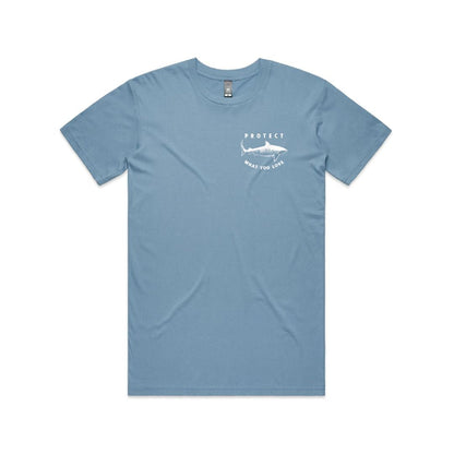 Protect What You Love Classic Tiger Shark Tee — Light Blue, front view