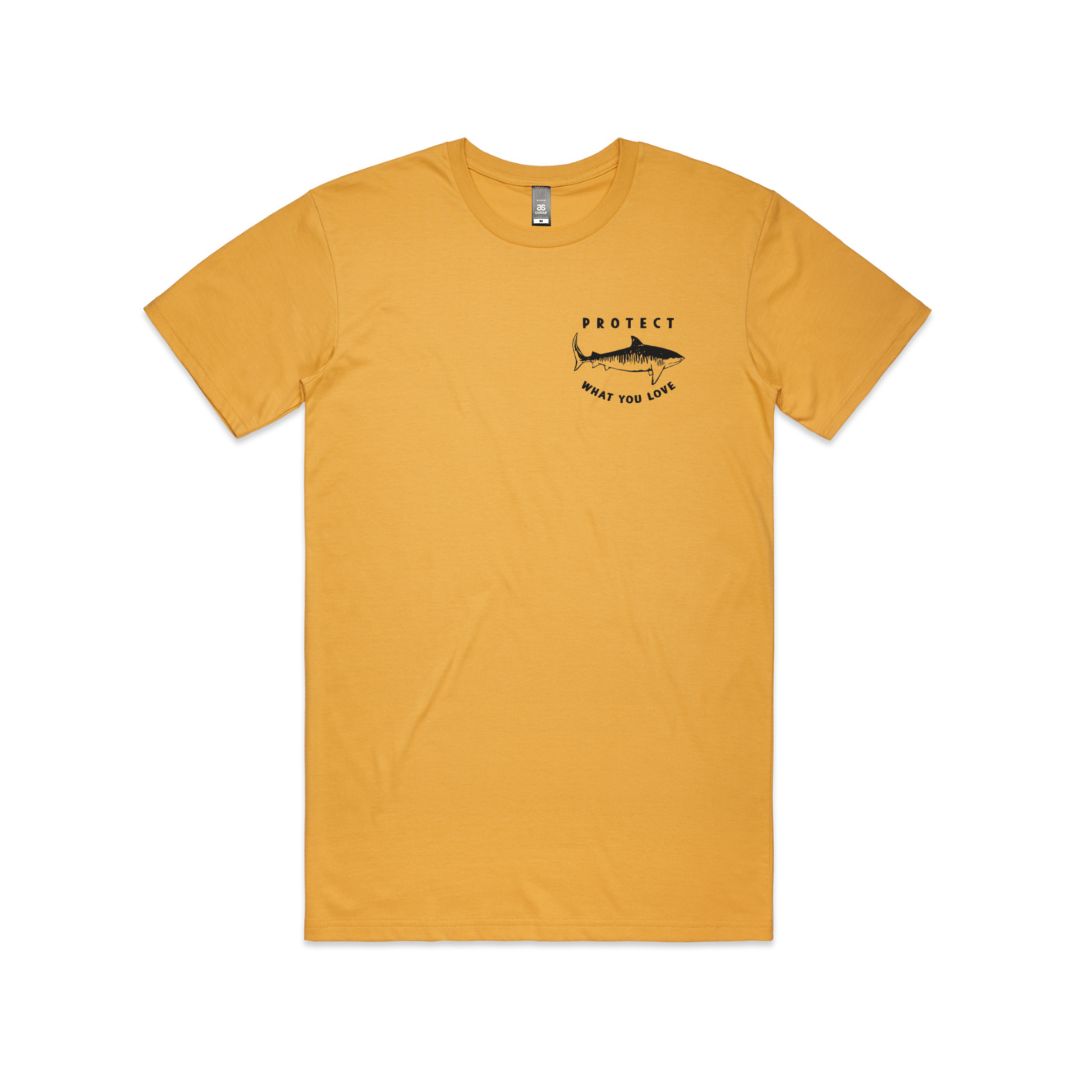 Protect What You Love Classic Tiger Shark Tee — Mustard, front view