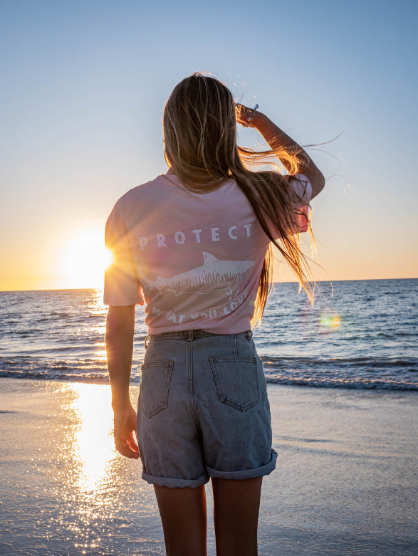 Protect What You Love Classic Tiger Shark Tee — Pink, worn rear view