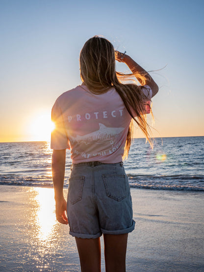 Protect What You Love Classic Tiger Shark Tee — Pink, worn rear view