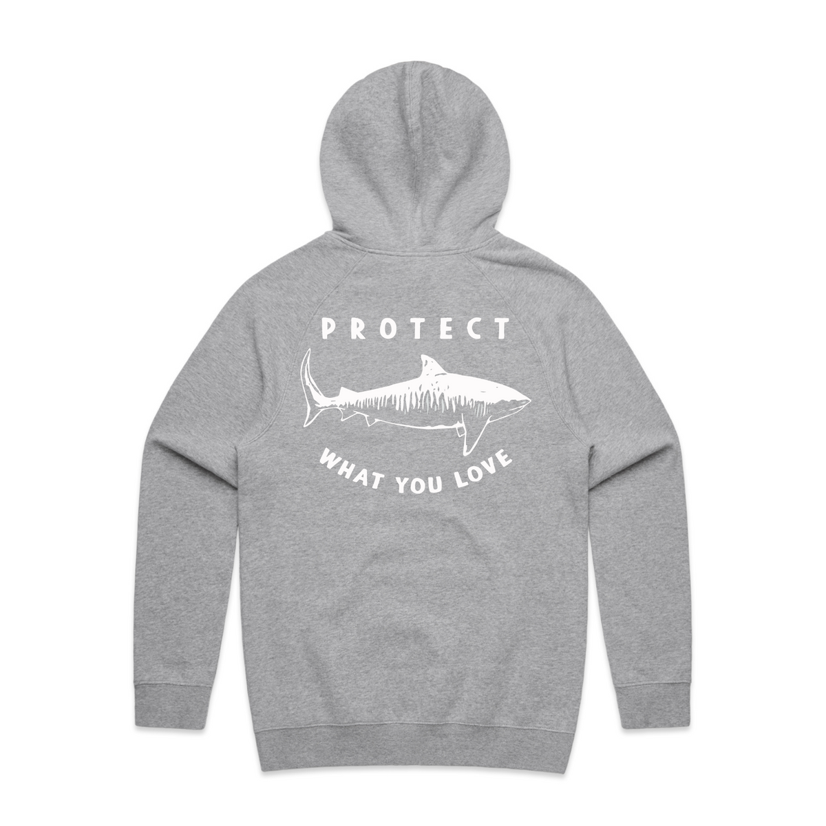 Protect What You Love Classic Tiger Shark Hoodie — Grey with white print, rear view