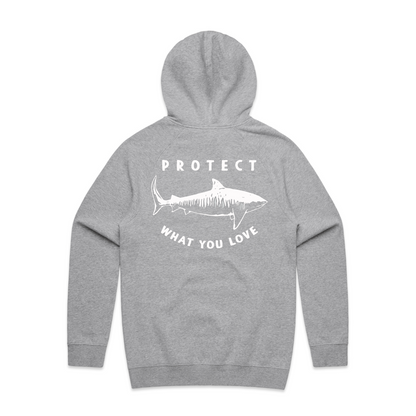Protect What You Love Classic Tiger Shark Hoodie — Grey with white print, rear view