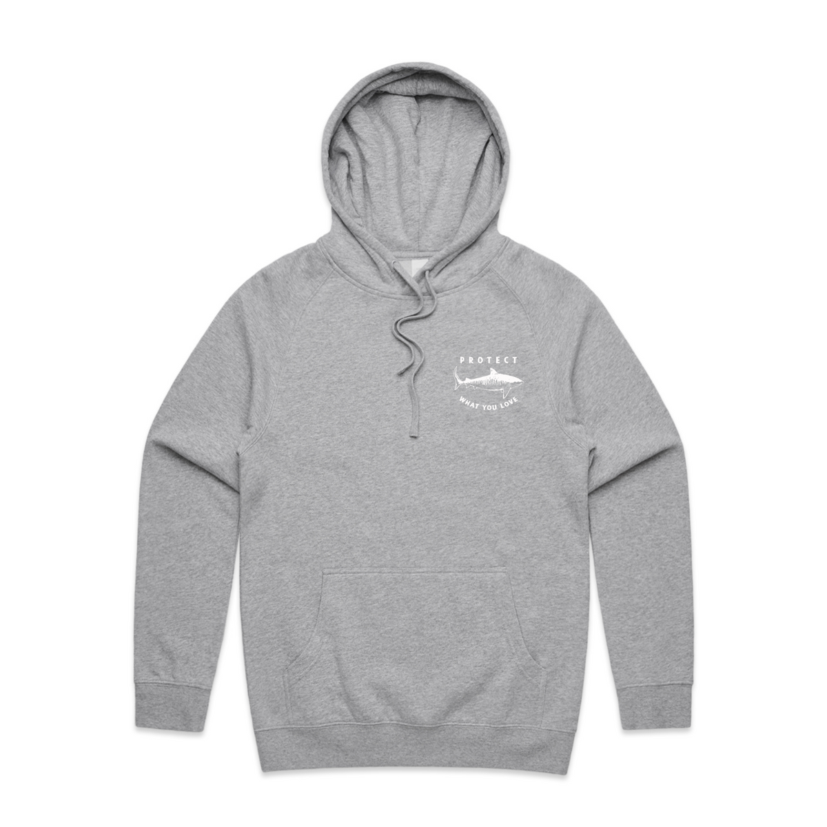 Protect What You Love Classic Tiger Shark Hoodie — Grey with white print, front view
