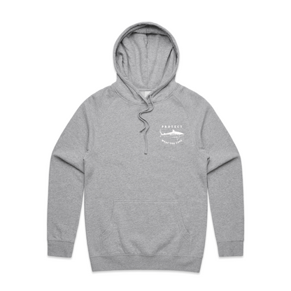 Protect What You Love Classic Tiger Shark Hoodie — Grey with white print, front view