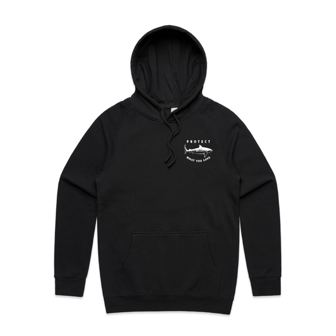Protect What You Love Classic Tiger Shark Hoodie — Black, front view