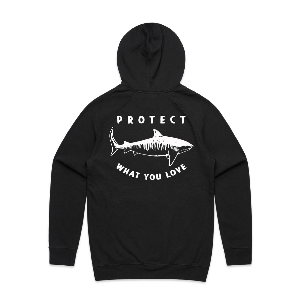 Protect What You Love Classic Tiger Shark Hoodie — Black, rear view