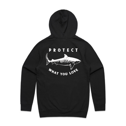 Protect What You Love Classic Tiger Shark Hoodie — Black, rear view