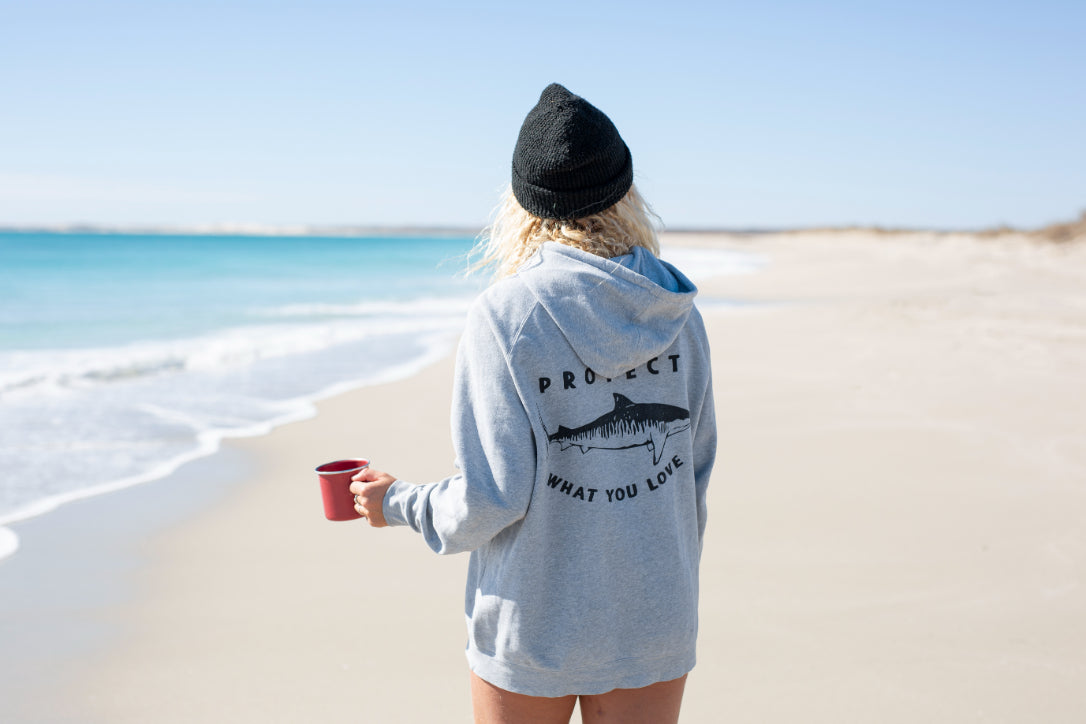 Protect What You Love Classic Tiger Shark Hoodie — Grey with black ink, worn rear view