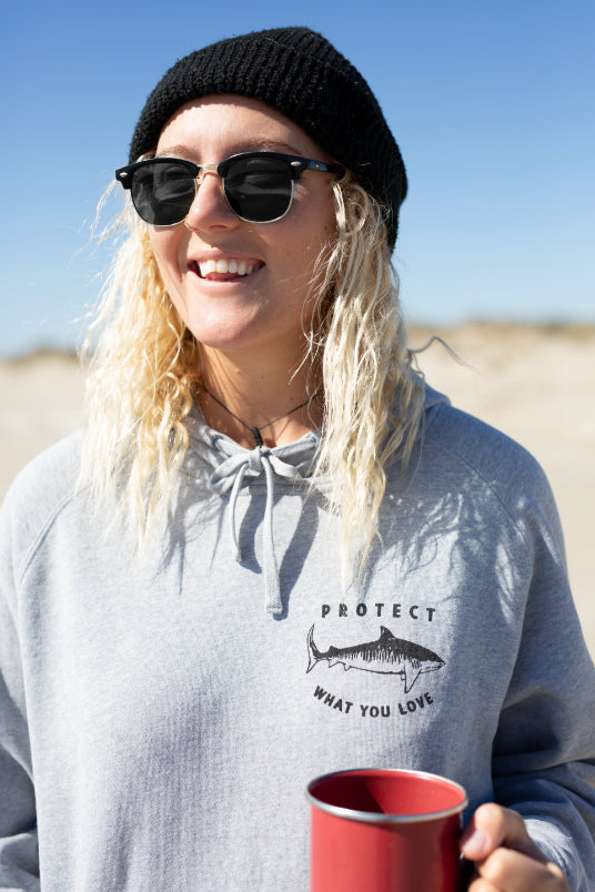 Protect What You Love Classic Tiger Shark Hoodie — Grey with black ink, worn front view