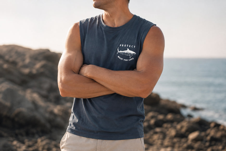Protect What You Love Tiger Shark Men's Tank — Petrol Blue, worn front view