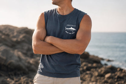 Protect What You Love Tiger Shark Men's Tank — Petrol Blue, worn front view