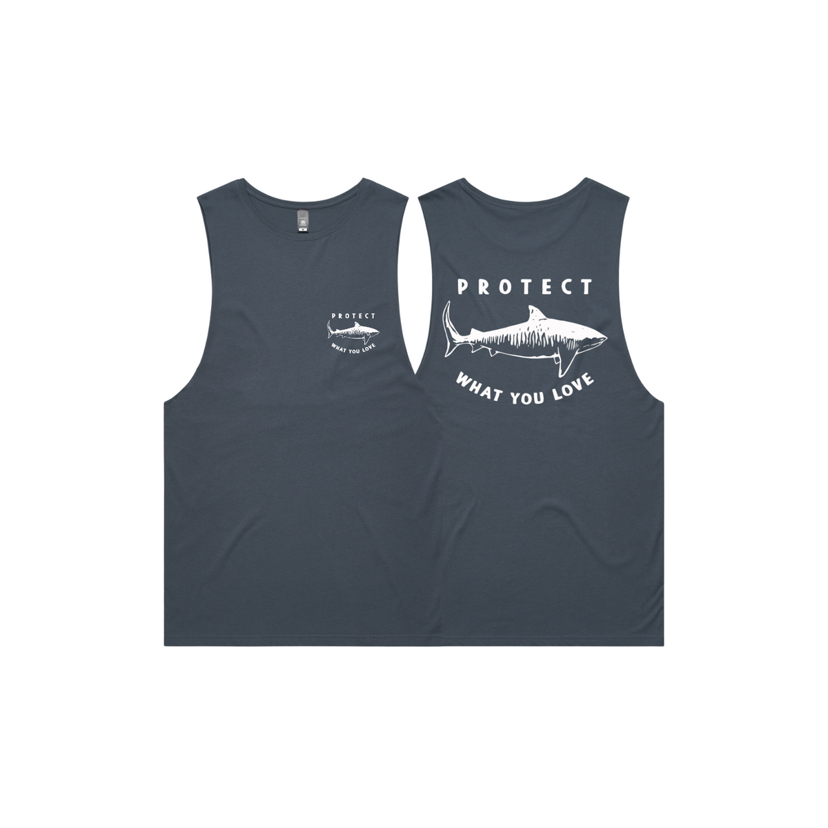 Protect What You Love Tiger Shark Men's Tank — Petrol Blue, front and rear views