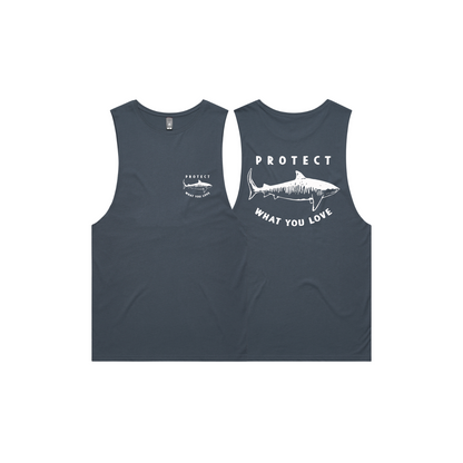 Protect What You Love Tiger Shark Men's Tank — Petrol Blue, front and rear views