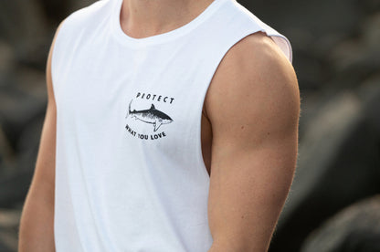Protect What You Love Tiger Shark Men's Tank — White, worn front detail
