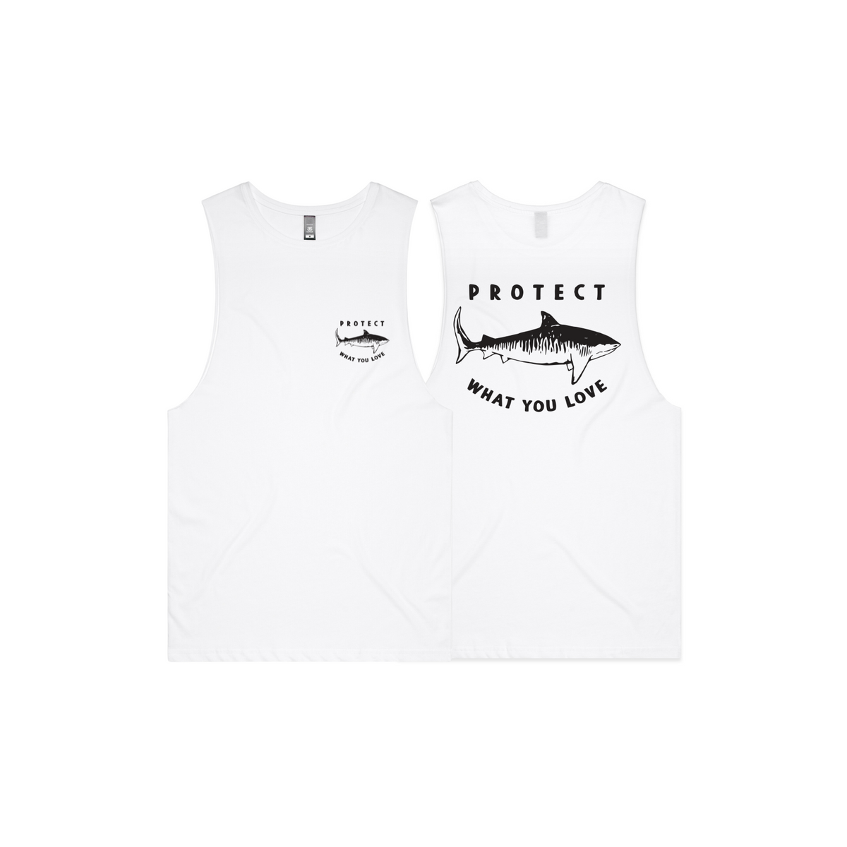 Protect What You Love Tiger Shark Men's Tank — White, front and rear views