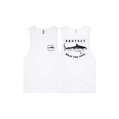 Protect What You Love Tiger Shark Men's Tank — White, front and rear views