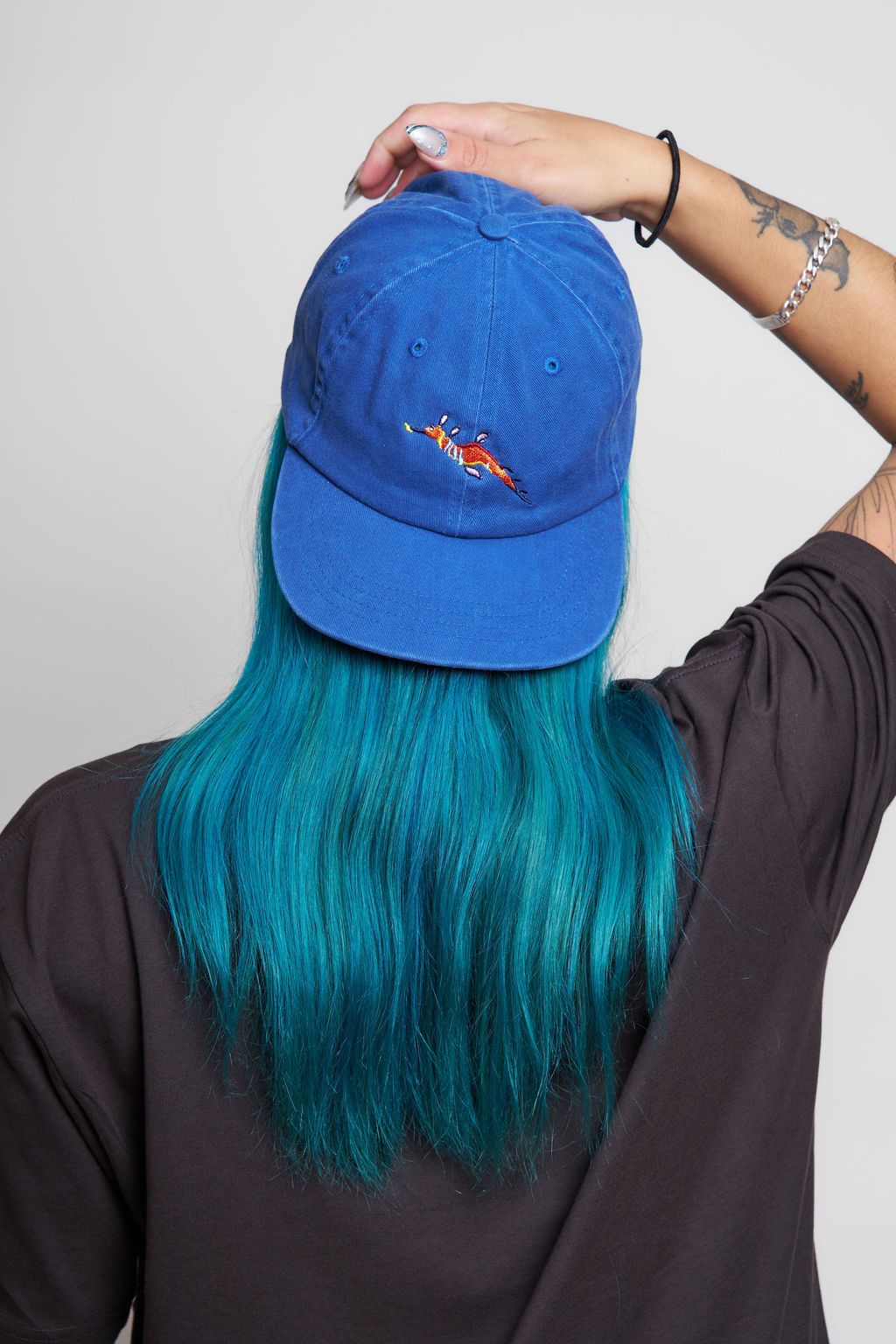 Protect What You Love Weedy Seadragon Flat Peak Cap — Royal Blue, worn backwards
