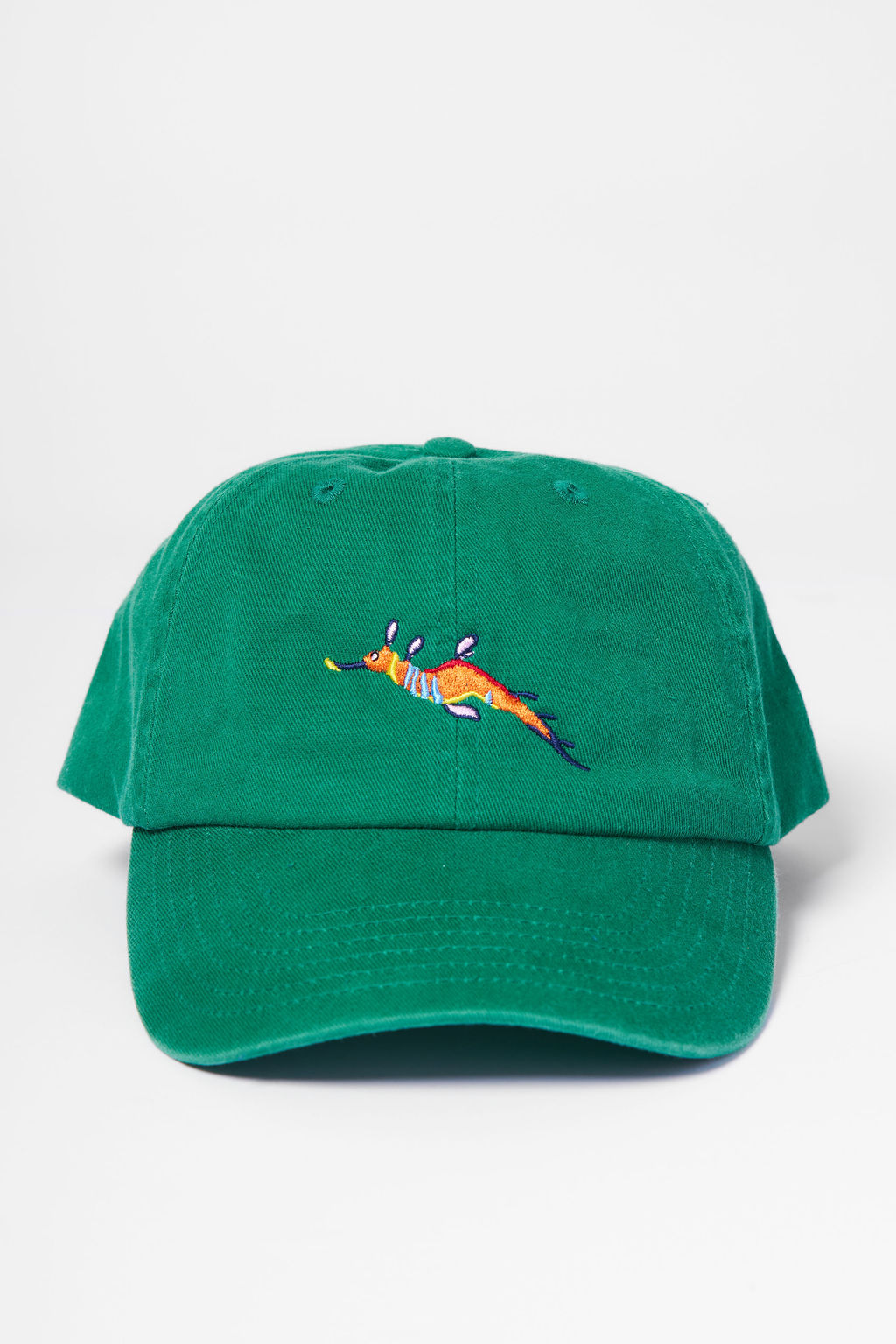 Protect What You Love Weedy Seadragon Curved Peak Cap — Jungle Green, front view