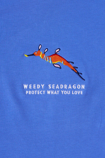 Protect What You Love Weedy Seadragon Tee — Winter Blue embroidery detail