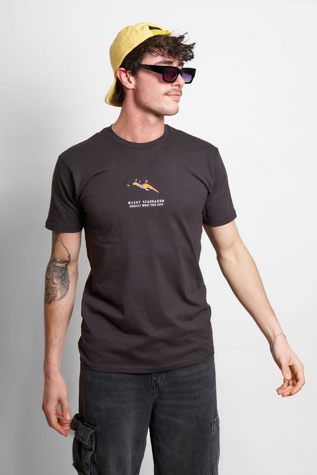 Protect What You Love Weedy Seadragon Tee — Charcoal, worn front view