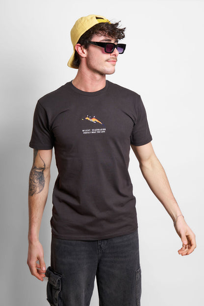 Protect What You Love Weedy Seadragon Tee — Charcoal, worn front view
