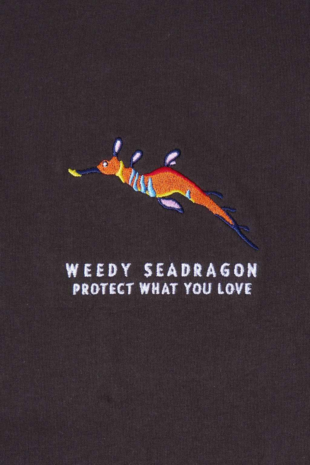 Protect What You Love Weedy Seadragon Tee — Charcoal embroidery detail