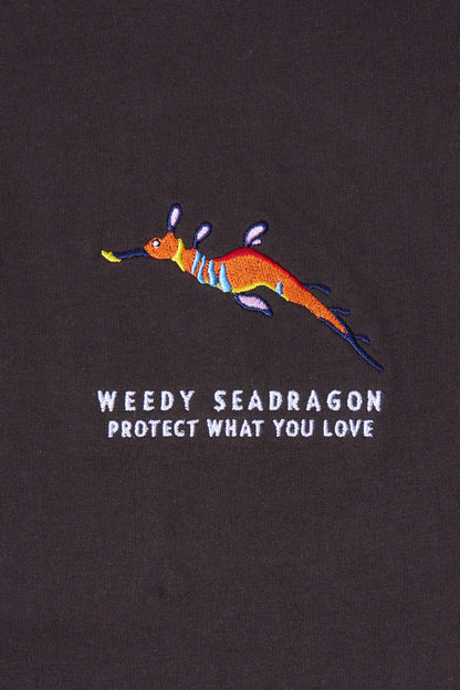 Protect What You Love Weedy Seadragon Tee — Charcoal embroidery detail