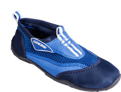 Mesh upper and elastic collar on the Azure Blue Cressi Reef Water Shoe