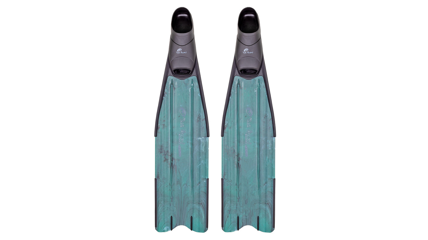 Rob Allen Scorpia Evo fins in green and teal camouflage with co-moulded foot pockets