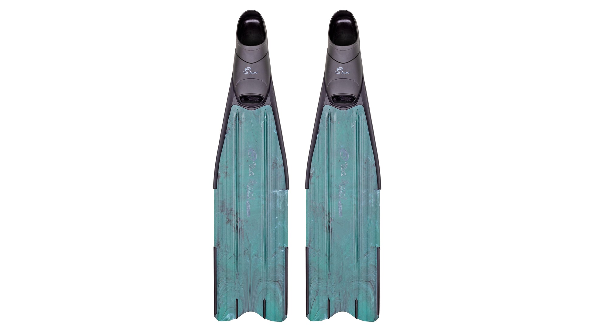 Rob Allen Scorpia Evo fins in green and teal camouflage with co-moulded foot pockets