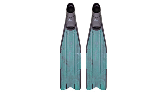 Rob Allen Scorpia Evo fins in green and teal camouflage with co-moulded foot pockets