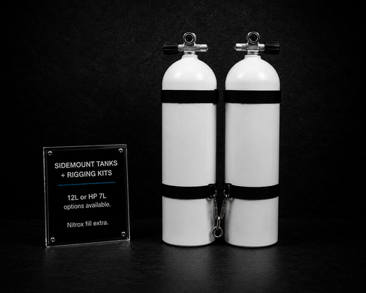 Sidemount scuba tanks with rigging kits for cave and technical diving
