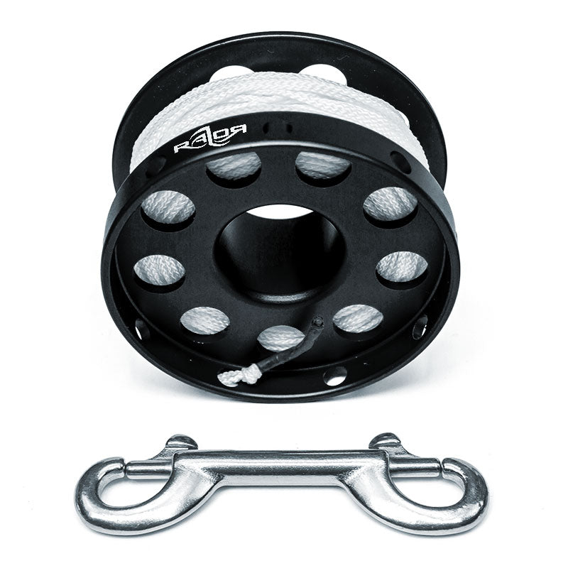Razor black Safety Spool front view with white line and double ender