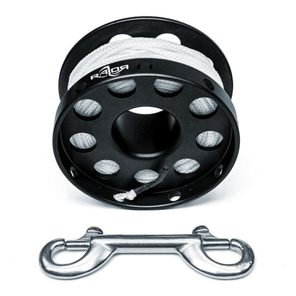 Razor black Safety Spool front view with white line and double ender