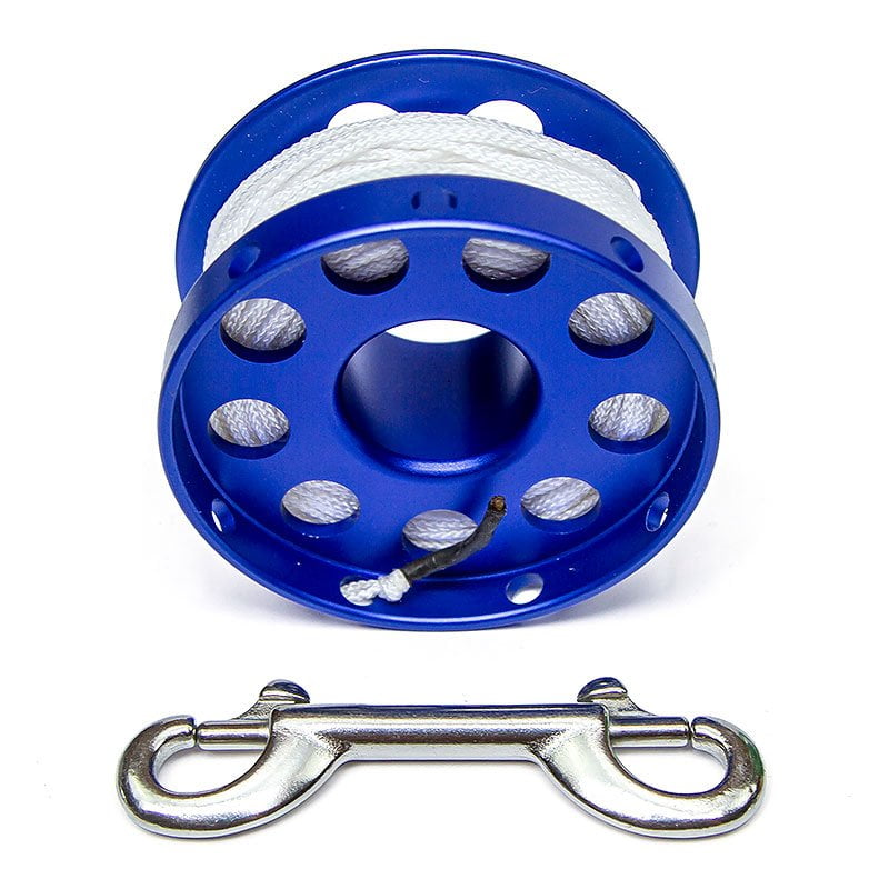 Razor blue Safety Spool front view with white line and double ender