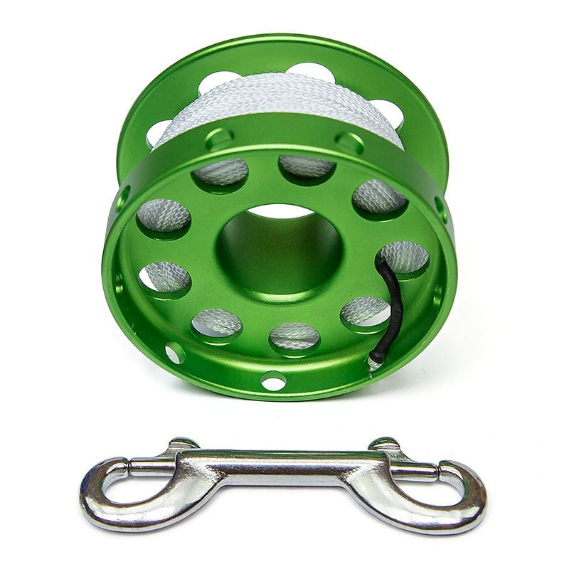 Razor green Safety Spool front view with white line and double ender