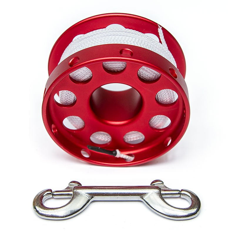 Razor red Safety Spool front view with white line and double ender