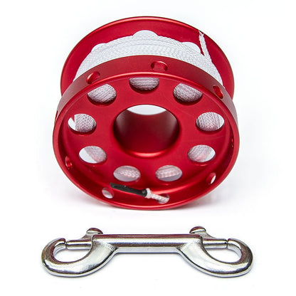 Razor red Safety Spool front view with white line and double ender